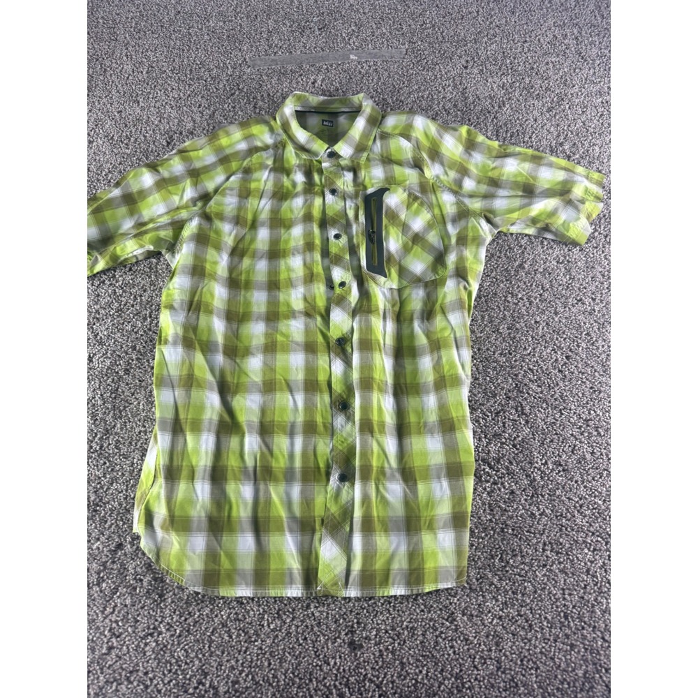 REI Co-op Mens Large Lime Green Plaid Short Sleeve Button Down Hiking Shirt